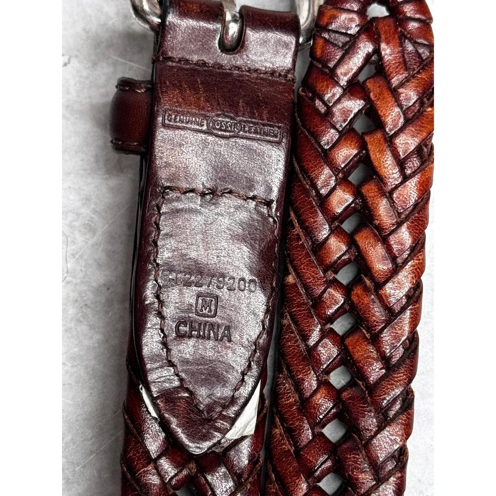 Fossil Mens Brown Braided Woven Genuine Leather Belt Silver Hardware BT2279200 M